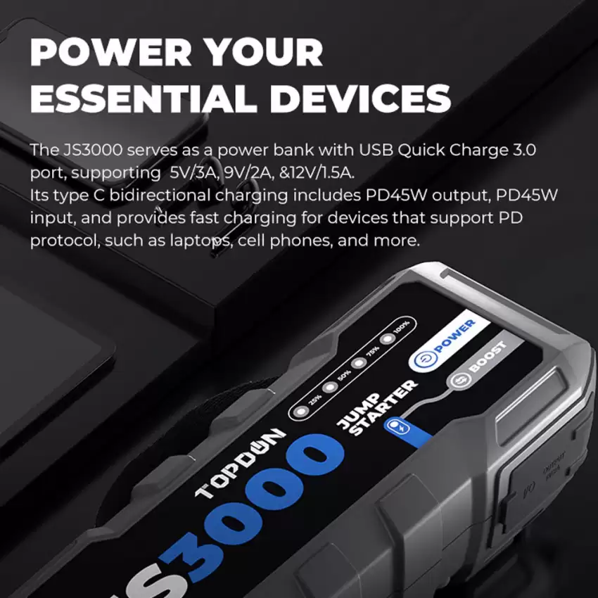 TOPDON JumpSurge3000 Jump Starter Battery Booster USB Charger 24000mAh Powerbank - AC-TPD-JS3000  p-3