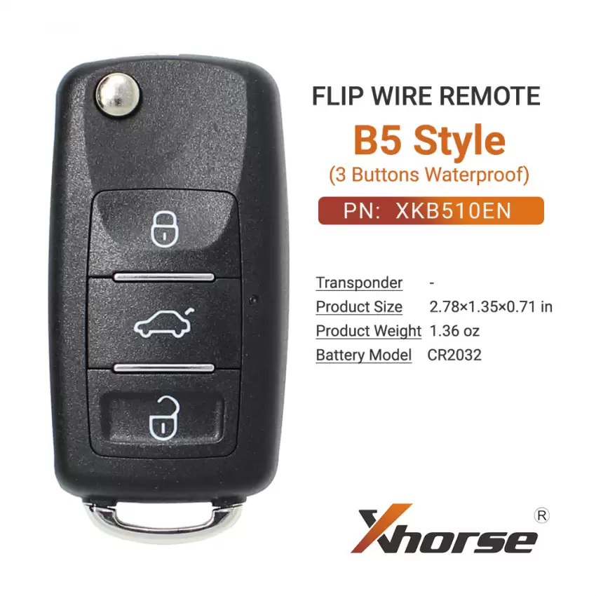 Xhorse Wire Flip Remote Key B5 Style Waterproof 3 Buttons XKB510EN - CR-XHS-XKB510EN  p-3