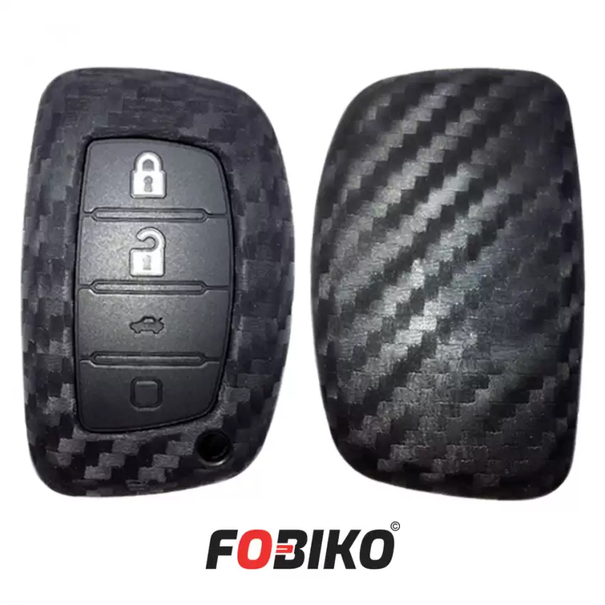 Protect your New Hyundai Smart Remote Key with our carbon fiber style black silicon cover Our 4 button cover provides protection from scratches and damage, while also adding a sleek and stylish look to your keychain.