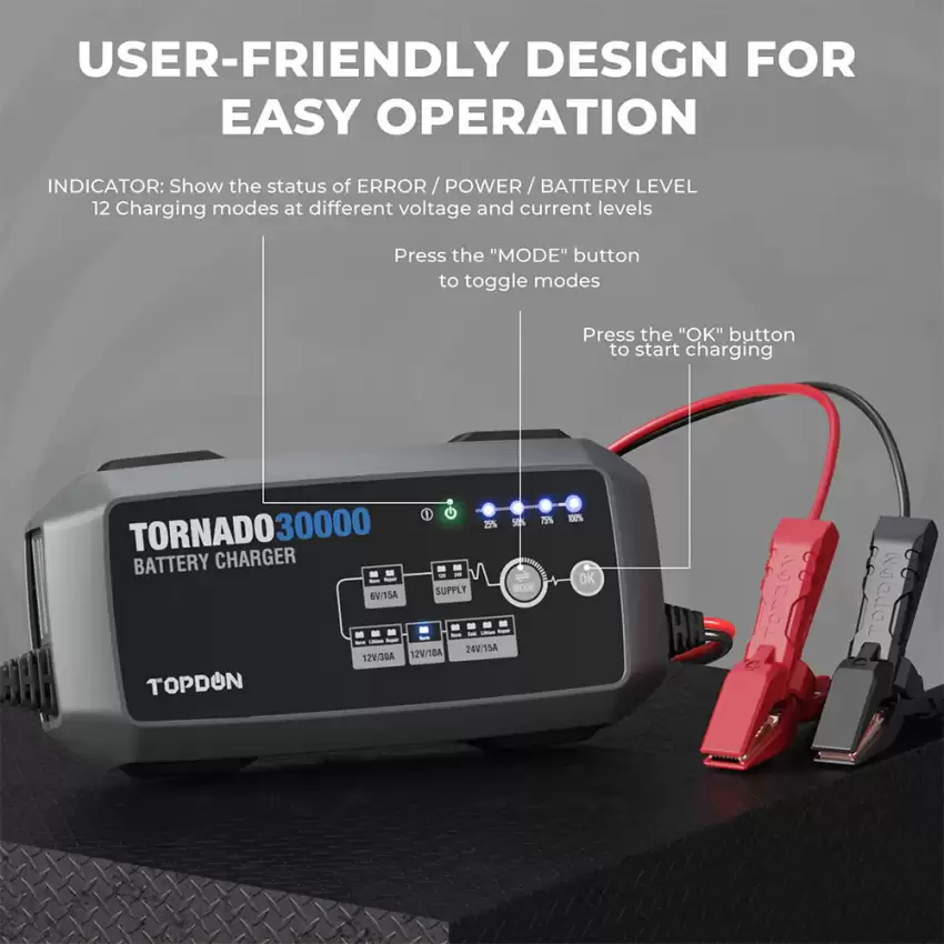 TOPDON, 30A Smart Charger and Power Supply 12V/24V, Volts Multi, Max. Amps  30 Model# T30000