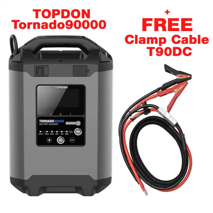 Bundle of TOPDON Tornado90000 Professional Grade Battery Smart Charger and FREE TOPDON Extension Clamp Cable T90DC