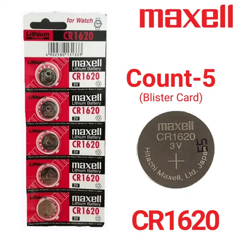 Maxell 5-Count CR1620 Lithium Batteries, 3V Coin Cell (Blister Card)