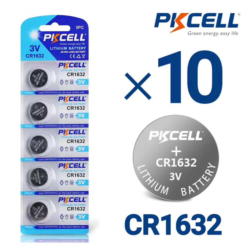 Bundle of 10 CR1632 3 Volt Lithium Coin Cell Battery, 5 Count / Blister card package