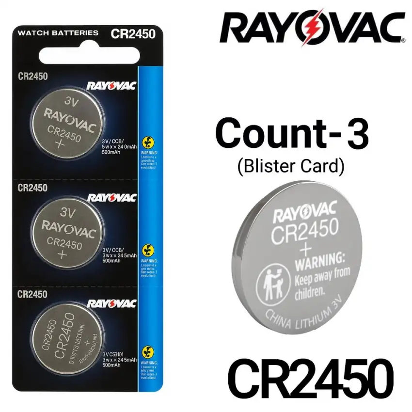 Rayovac 3-Count CR2450 Lithium Batteries, 3V Coin Cell (Blister Card)