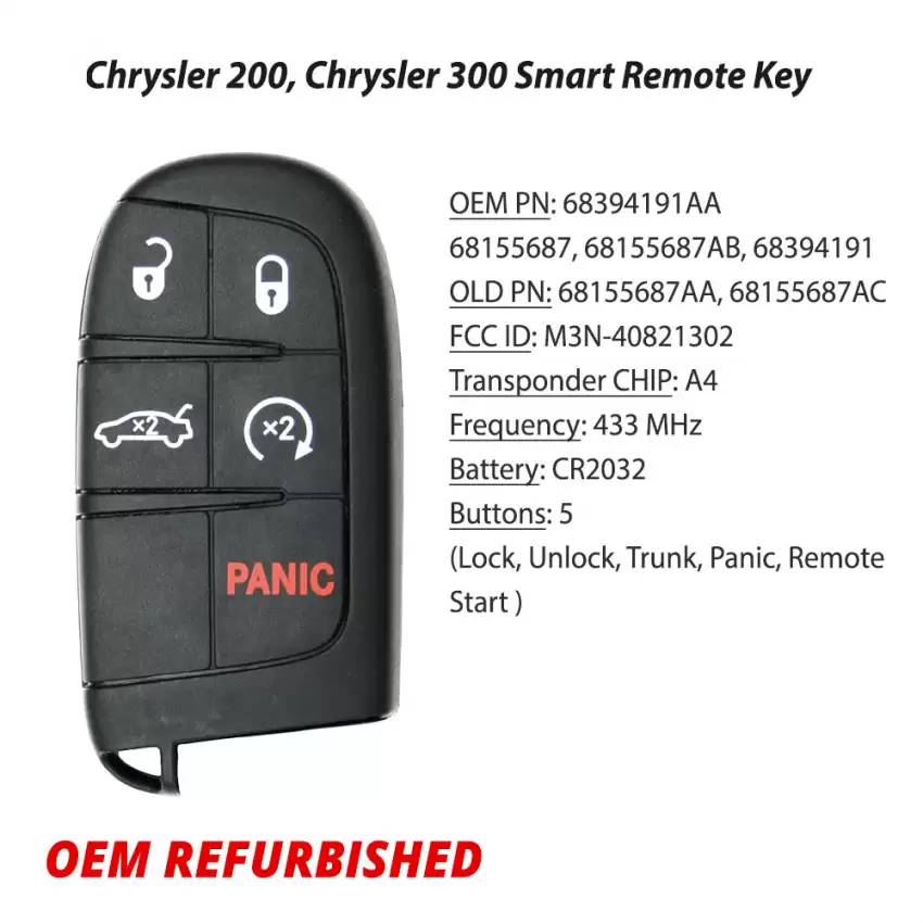 Chrysler 200, Chrysler 300 Smart Key 68394191AA M3N-40821302 4A Chip (Refurbished - Like New) - RR-CRY-4191AA  p-2