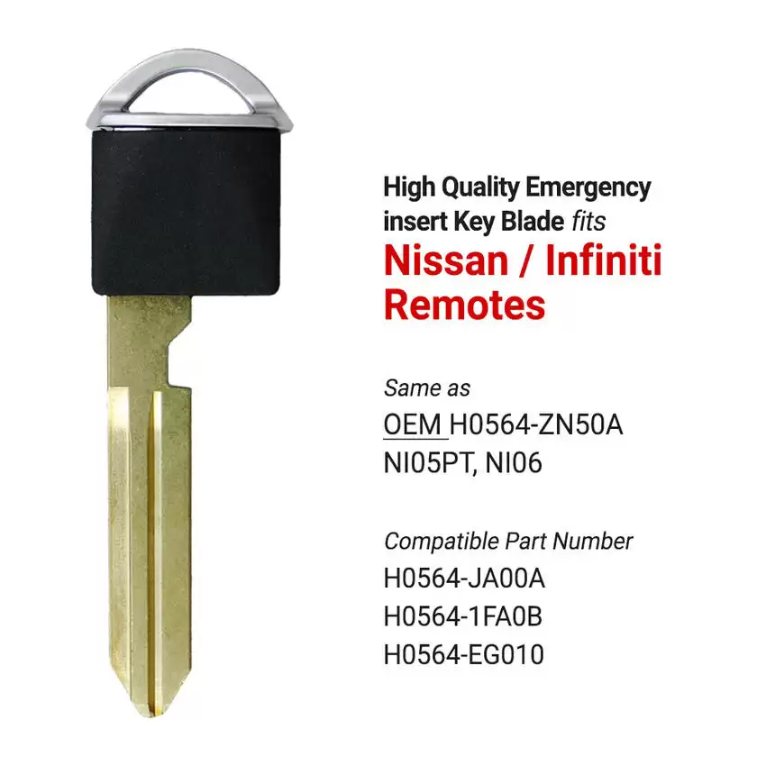 Nissan Infiniti Chrome Head Aftermarket Insert Key Blade Same as H0564-JA00A /H0564-1FA0B /H0564-EG010 DA34 With Chip Included