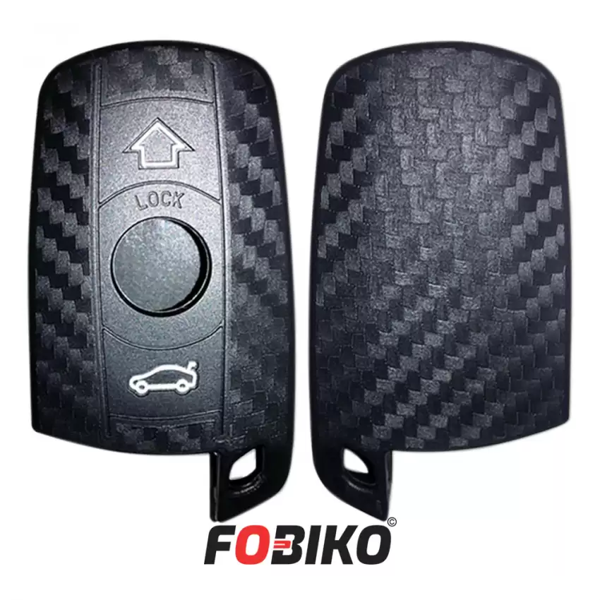 Protect your BMW CAS3 remote key with our carbon fiber style black silicon cover Our 3 button cover provides protection from scratches and damage, while also adding a sleek and stylish look to your keychain.