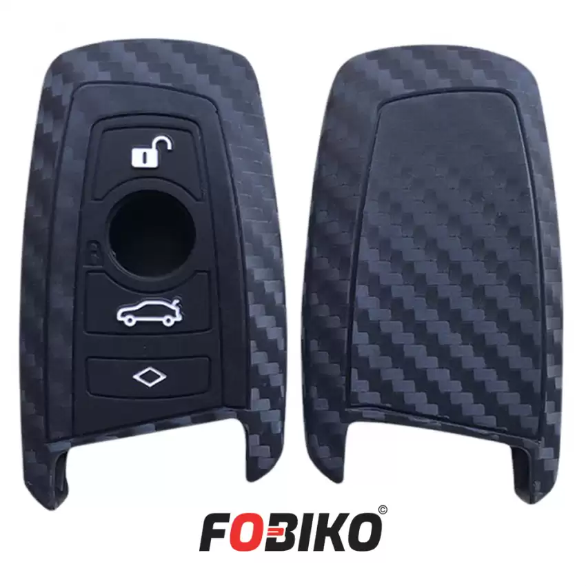 Protect your BMW CAS4 FEM Smart with our carbon fiber style black silicon cover Our 3 button cover provides protection from scratches and damage, while also adding a sleek and stylish look to your keychain.