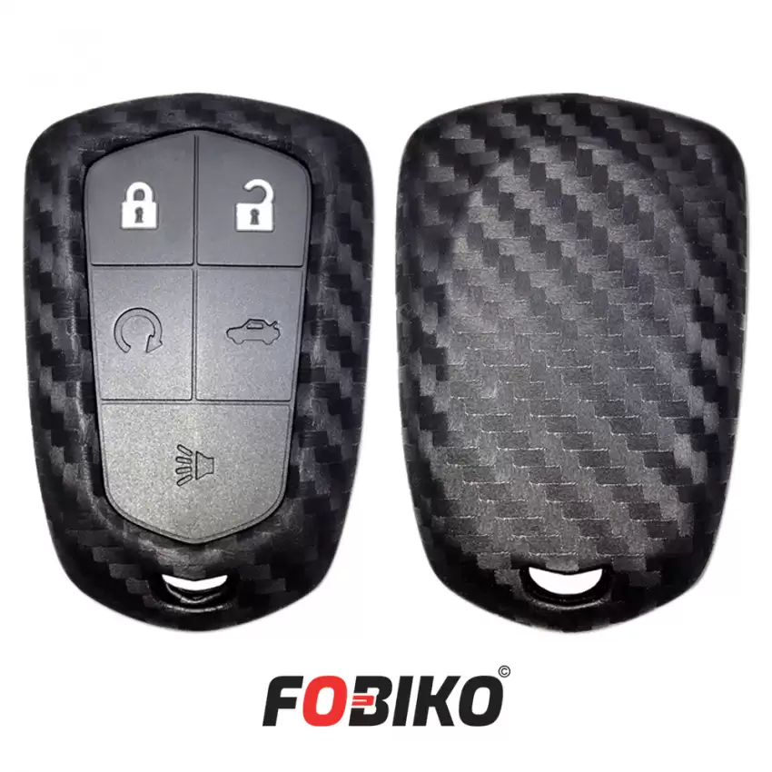 Protect your Cadillac Smart Remote Key with our carbon fiber style black silicon cover Our 5 button cover provides protection from scratches and damage, while also adding a sleek and stylish look to your keychain.