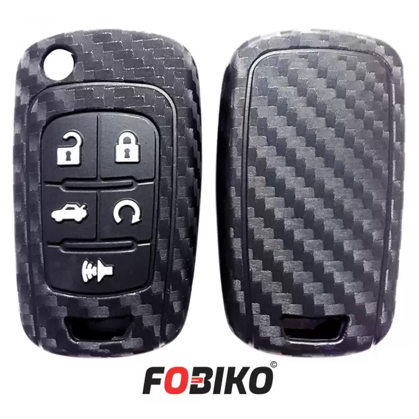 Protect your GM Flip Remote Key with our carbon fiber style black silicon cover Our 5 button cover provides protection from scratches and damage, while also adding a sleek and stylish look to your keychain.