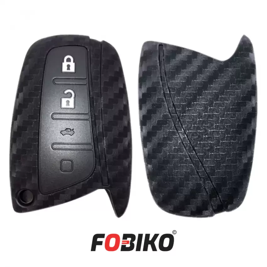 Protect your Hyundai Santa Fe Smart Remote Key with our carbon fiber style black silicon cover Our 4 button cover provides protection from scratches and damage, while also adding a sleek and stylish look to your keychain.