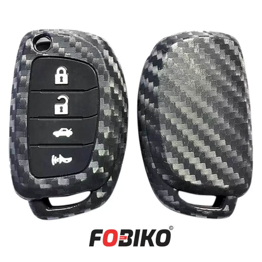 Protect your Hyundai Flip Remote Key with our carbon fiber style black silicon cover Our 4 button cover provides protection from scratches and damage, while also adding a sleek and stylish look to your keychain.