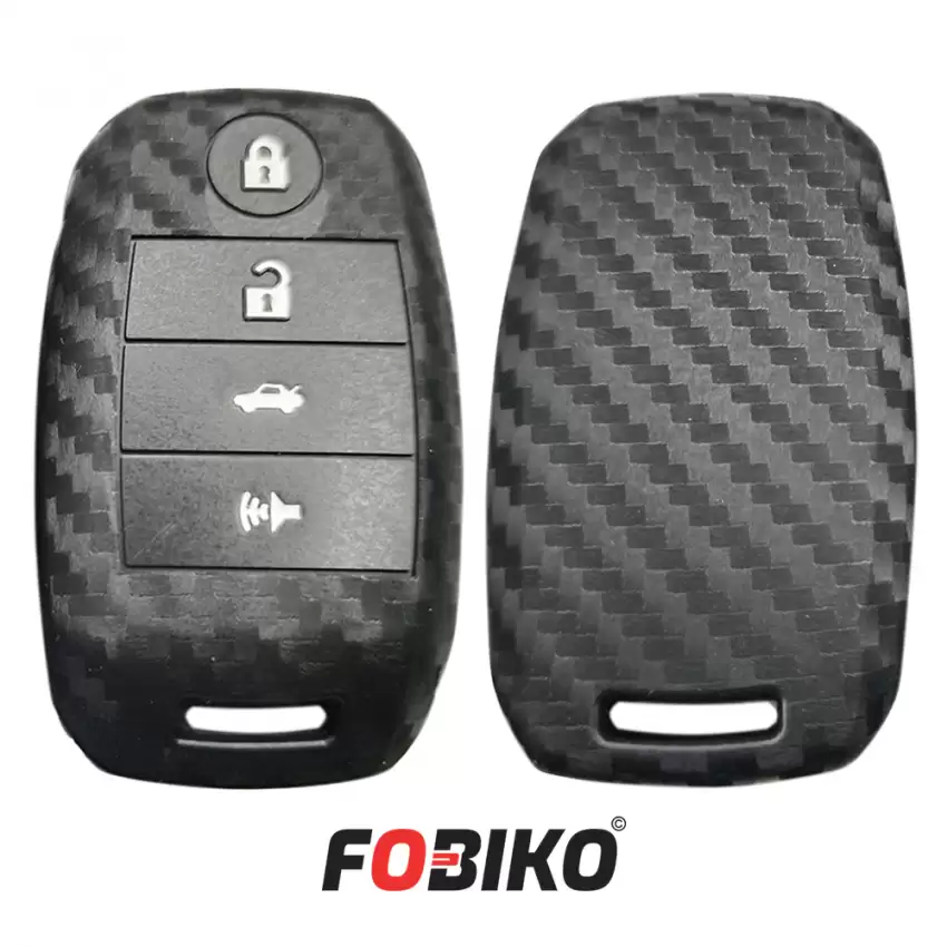 Protect your Kia Smart Remote Key with our carbon fiber style black silicon cover Our 4 button cover provides protection from scratches and damage, while also adding a sleek and stylish look to your keychain.