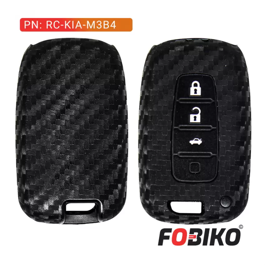 Protect your Kia Smart Remote Key with trunk with our carbon fiber style black silicon cover Our 4 button cover provides protection from scratches and damage, while also adding a sleek and stylish look to your keychain.