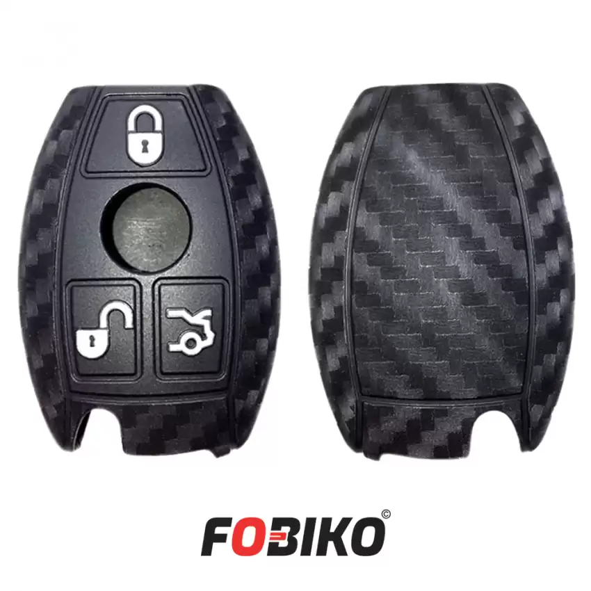 Protect your Benz Remote Key with our carbon fiber style black silicon cover Our 3 button cover provides protection from scratches and damage, while also adding a sleek and stylish look to your keychain.