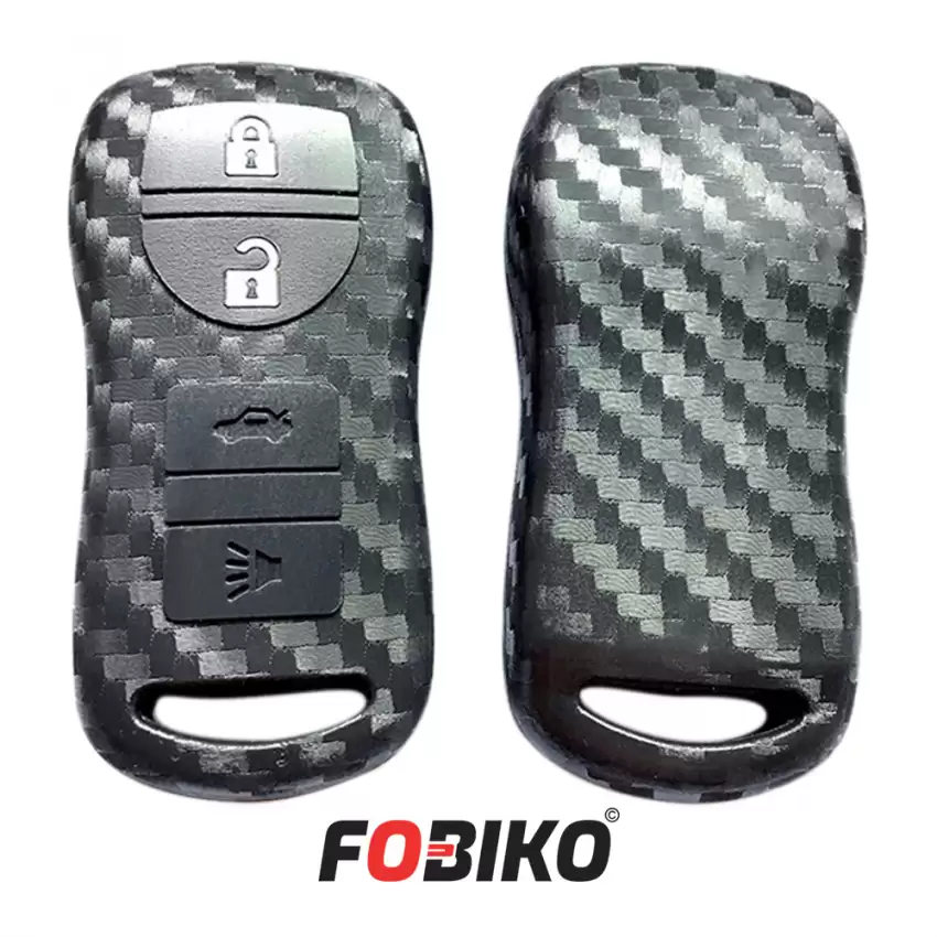 Protect your Nissan Remote Key with our carbon fiber style black silicon cover Our 4 button cover provides protection from scratches and damage, while also adding a sleek and stylish look to your keychain.
