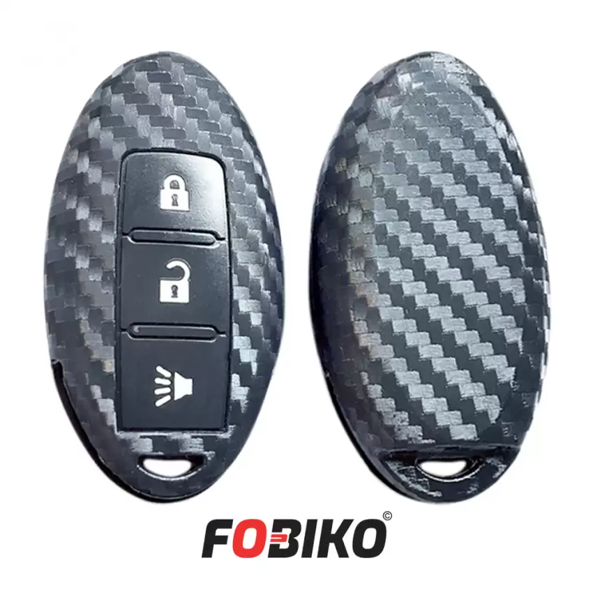 Protect your Nissan Smart Remote Key with our carbon fiber style black silicon cover Our 3 button cover provides protection from scratches and damage, while also adding a sleek and stylish look to your keychain.
