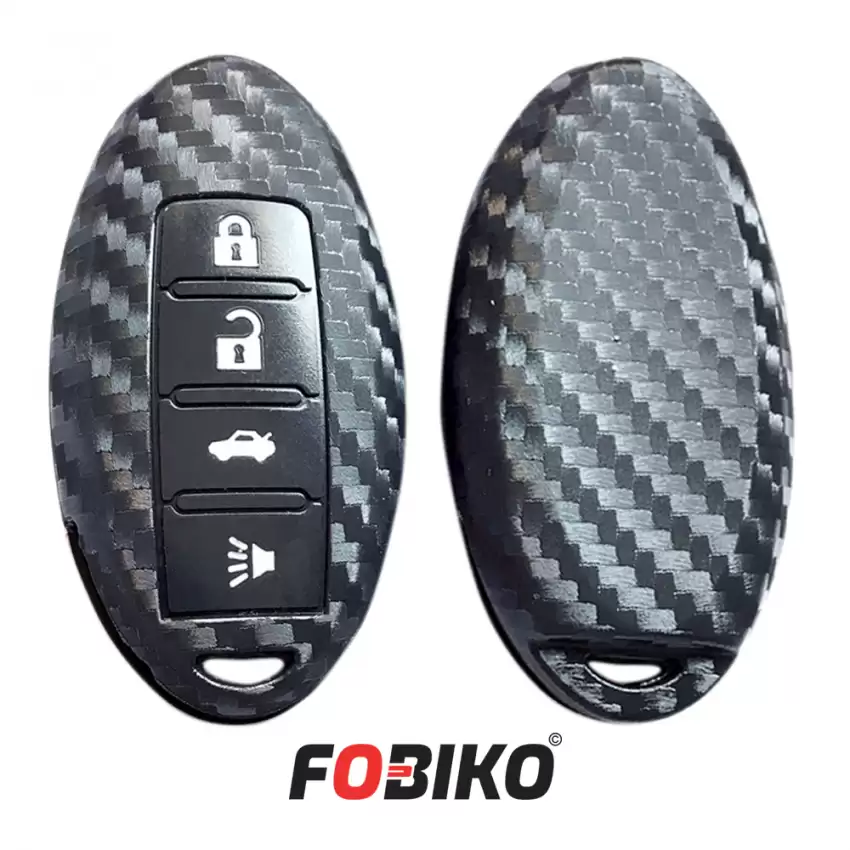 Protect your Nissan Smart Remote Key with our carbon fiber style black silicon cover Our 4 button cover provides protection from scratches and damage, while also adding a sleek and stylish look to your keychain.