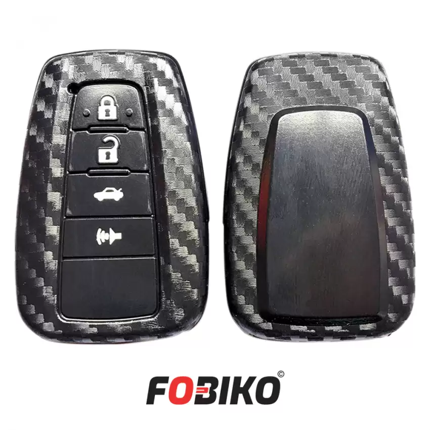Protect your Toyota Smart Remote Key with our carbon fiber style black silicon cover Our 4 button cover provides protection from scratches and damage, while also adding a sleek and stylish look to your keychain.