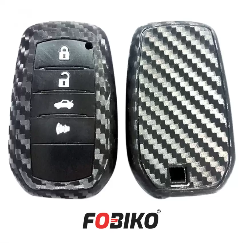 Protect your Toyota Smart Remote Key with our 4 Button carbon fiber style silicon black cover Our cover provides protection from scratches and damage, while also adding a sleek and stylish look to your keychain.