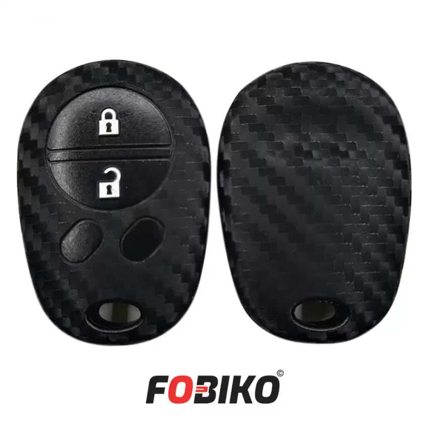 Protect your Toyota Remote Key with our carbon fiber style black silicon cover Our 4 button cover provides protection from scratches and damage, while also adding a sleek and stylish look to your keychain.