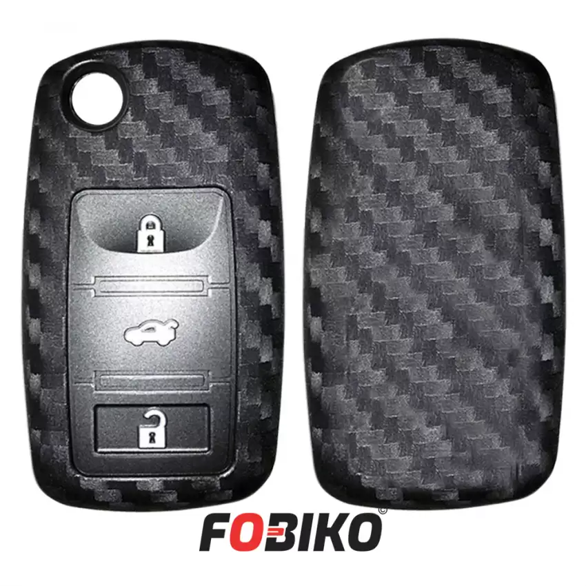 Protect your Volkwagen Flip Remote with our carbon fiber style black silicon cover Our 3 button cover provides protection from scratches and damage, while also adding a sleek and stylish look to your keychain.