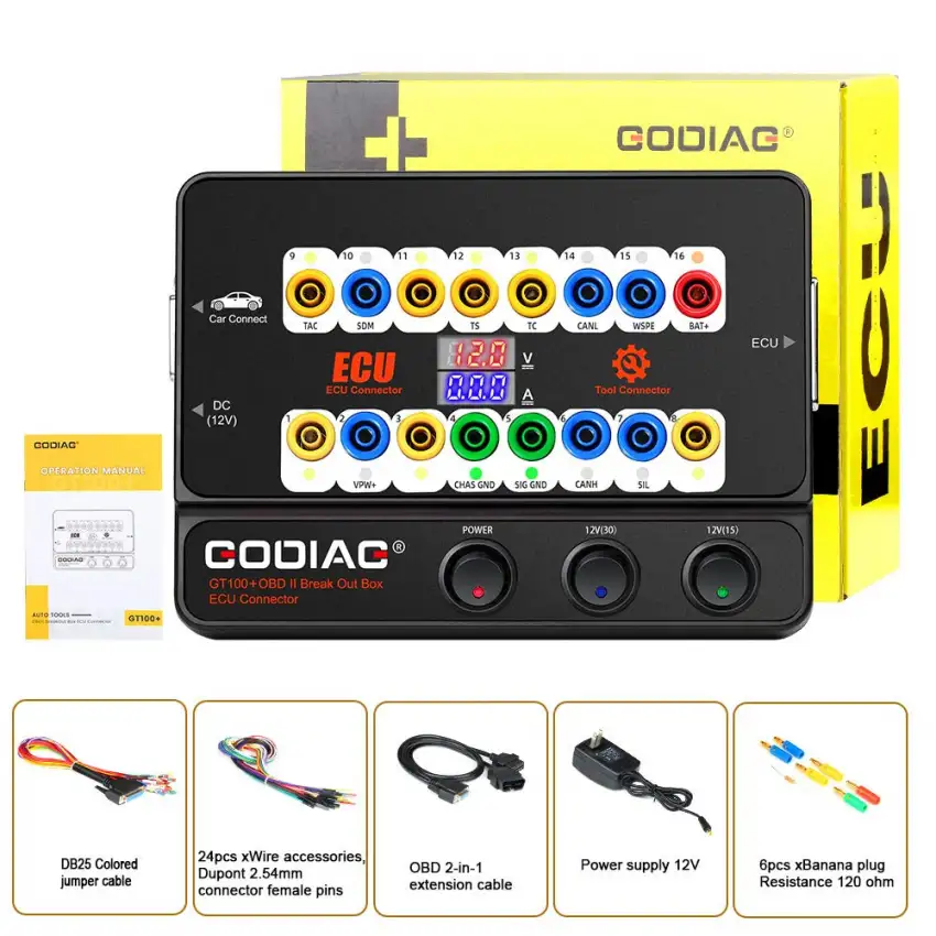 GODIAG GT100 Plus GPT Auto Tool supports DOIP-ENET diagnostics, ECU read/write, and 24V-to-12V voltage conversion. Ideal OBDII breakout box for pros.