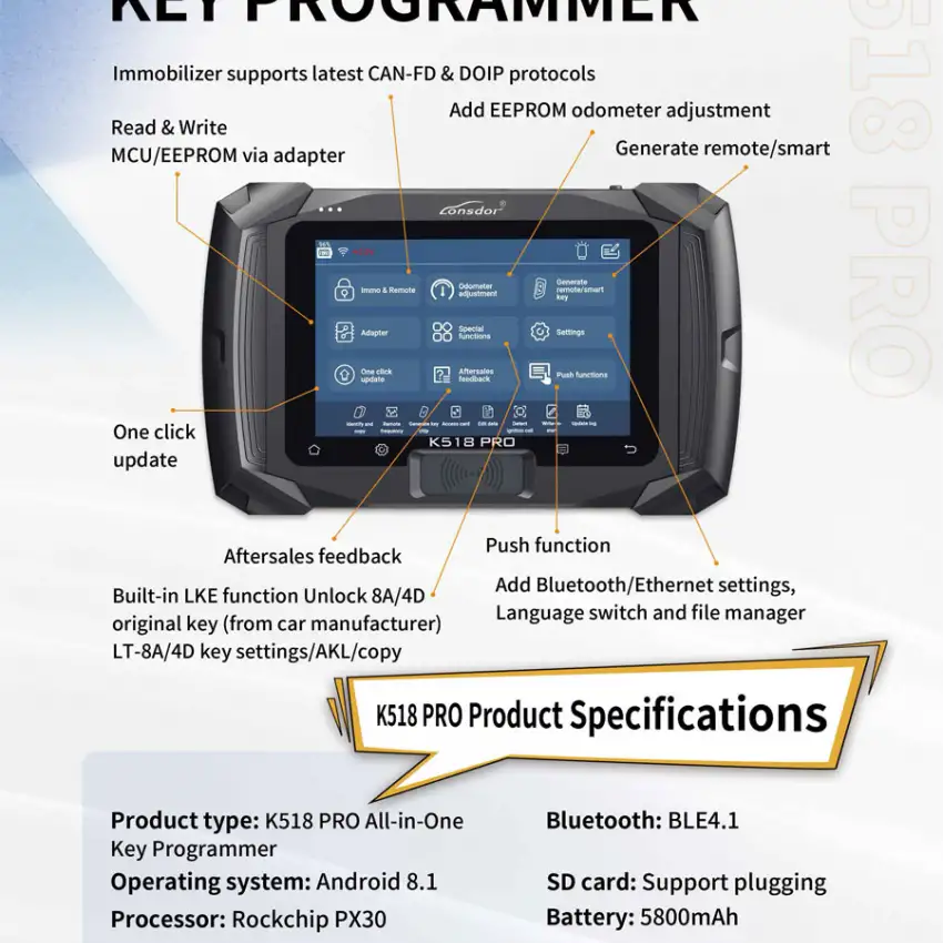 Lonsdor K518 PRO FCV Key Programmer (Choice Version) – Free Combination Version. Choose 10 brands (5 fixed + 5 optional). Free lifetime updates, no annual fees, built-in LKE emulator, and CAN-FD/DOIP protocols